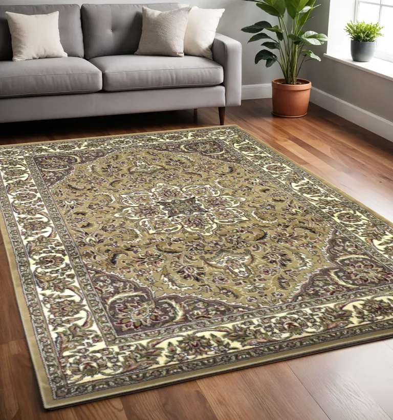 Beige Ivory Machine Woven Floral Medallion Indoor Area Rug Photo 4