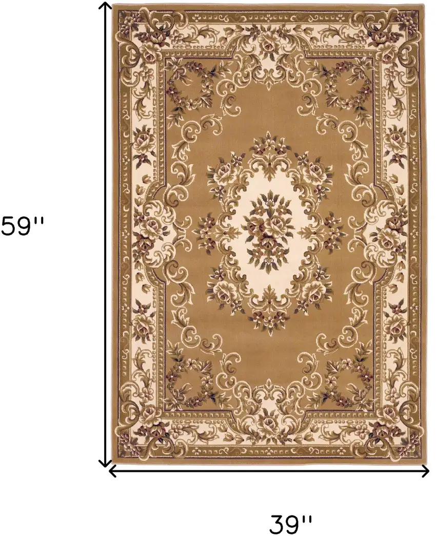 3'X5' Beige Ivory Machine Woven Hand Carved Floral Medallion Indoor Area Rug Photo 8