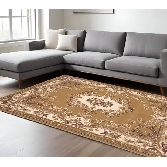 Beige Ivory And Brown Floral Medallion Area Rug Photo 1