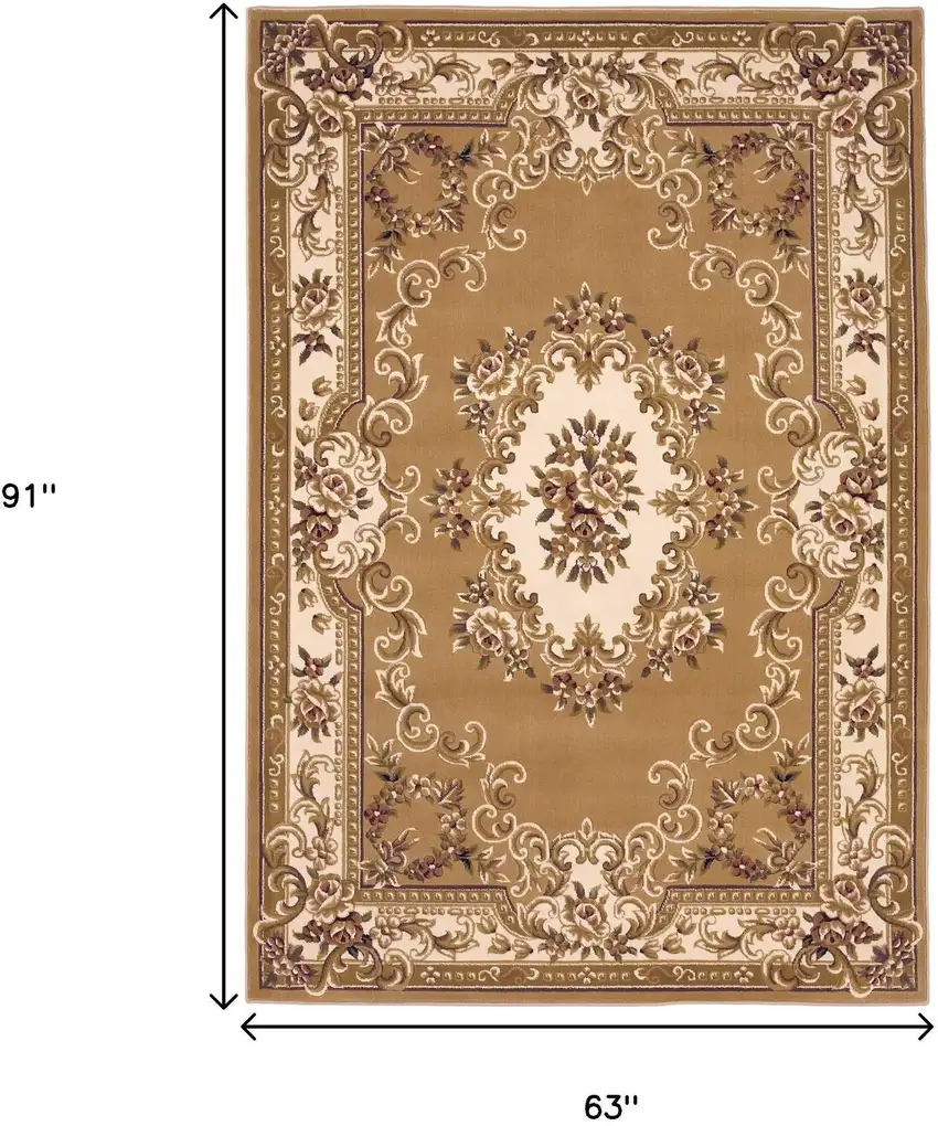 Beige Ivory And Brown Floral Medallion Area Rug Photo 3
