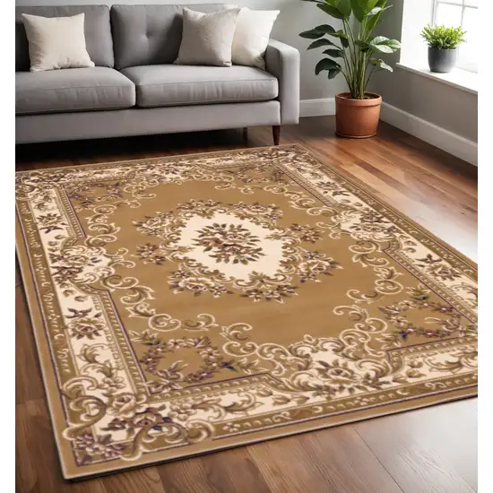 Beige Ivory And Brown Floral Medallion Area Rug Photo 1