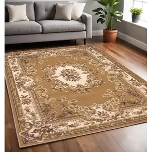 Photo of Beige Ivory Machine Woven Hand Carved Floral Medallion Indoor Area Rug