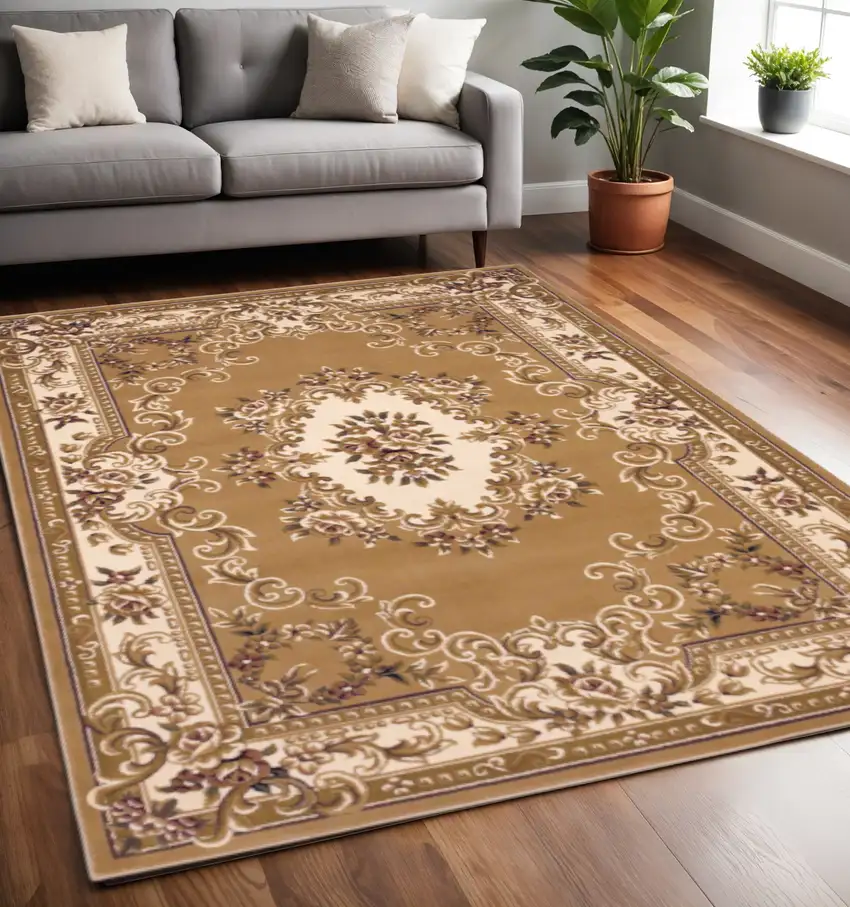 Beige Ivory And Brown Floral Medallion Area Rug Photo 1