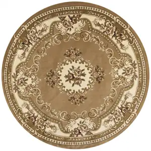Photo of Beige Ivory Machine Woven Hand Carved Floral Medallion Round Indoor Area Rug