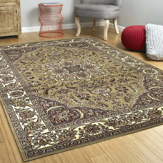 Beige Ivory Machine Woven Traditional Medallion Octagon Indoor Area Rug Photo 4
