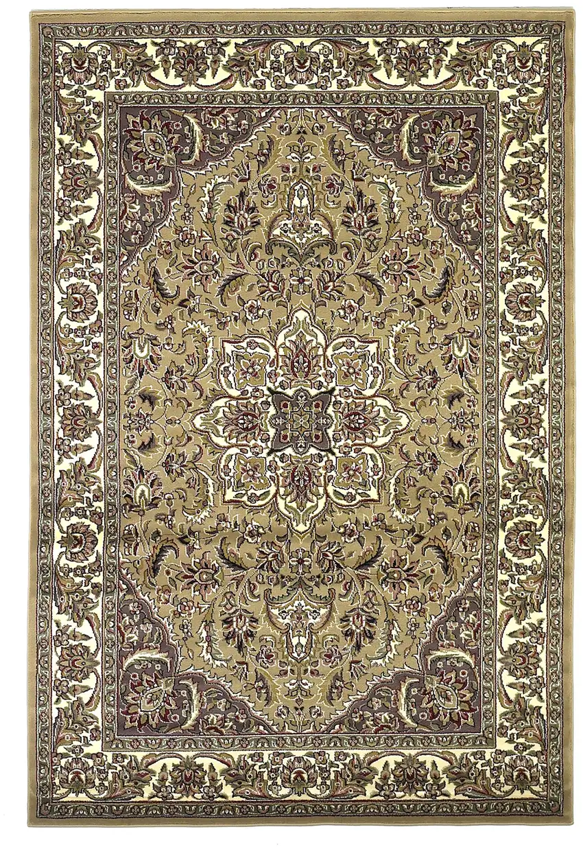 Beige Ivory Machine Woven Traditional Medallion Octagon Indoor Area Rug Photo 2