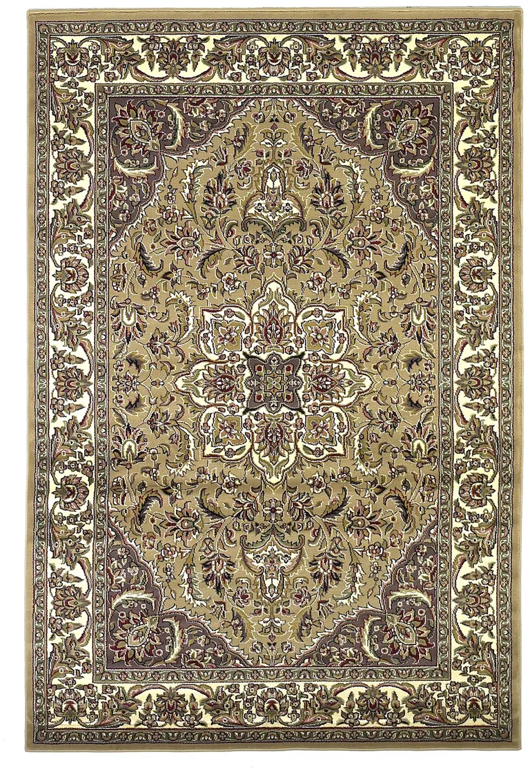 Beige Ivory Machine Woven Traditional Medallion Octagon Indoor Area Rug Photo 2