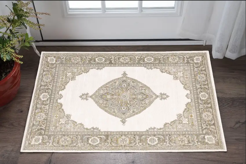 Beige and Ivory Oriental Power Loom Area Rug Photo 1