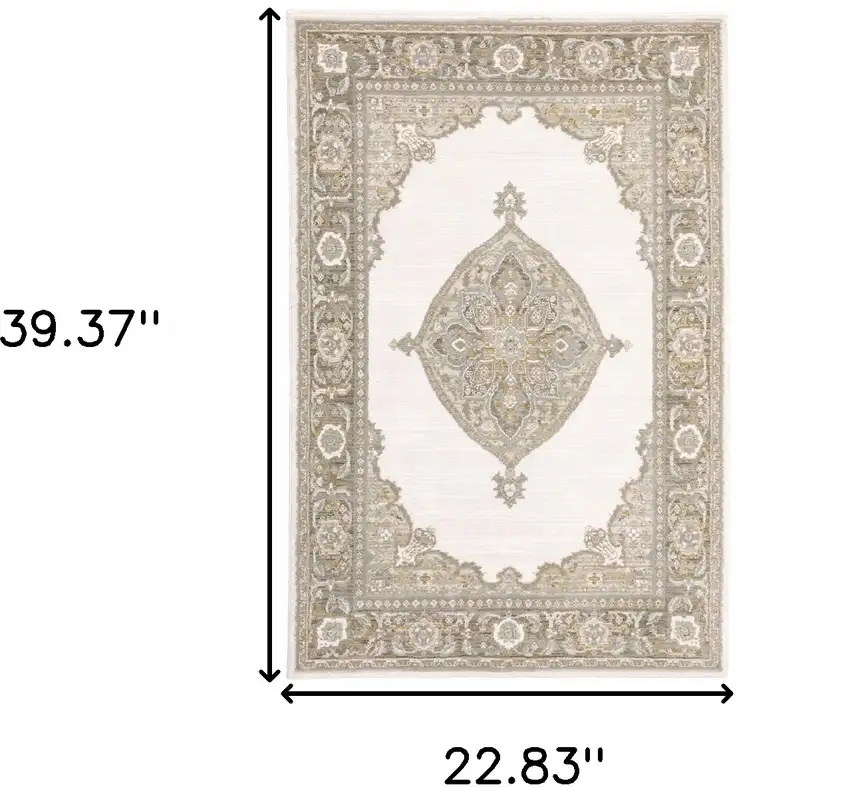 Beige Ivory Tan Gold Grey And Green Oriental Power Loom Stain Resistant Area Rug Photo 6