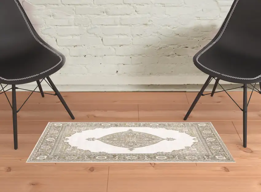 Beige Ivory Tan Gold Grey And Green Oriental Power Loom Stain Resistant Area Rug Photo 2
