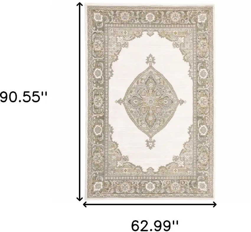 Beige Ivory Tan Gold Grey And Green Oriental Power Loom Stain Resistant Area Rug Photo 6