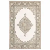 Photo of Beige Ivory Tan Gold Grey And Green Oriental Power Loom Stain Resistant Area Rug