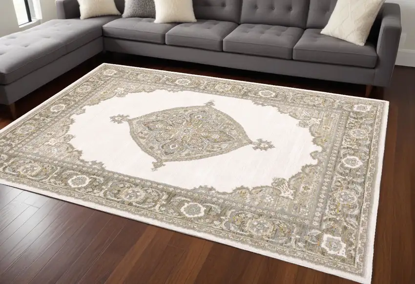 Beige and Ivory Oriental Power Loom Area Rug Photo 1