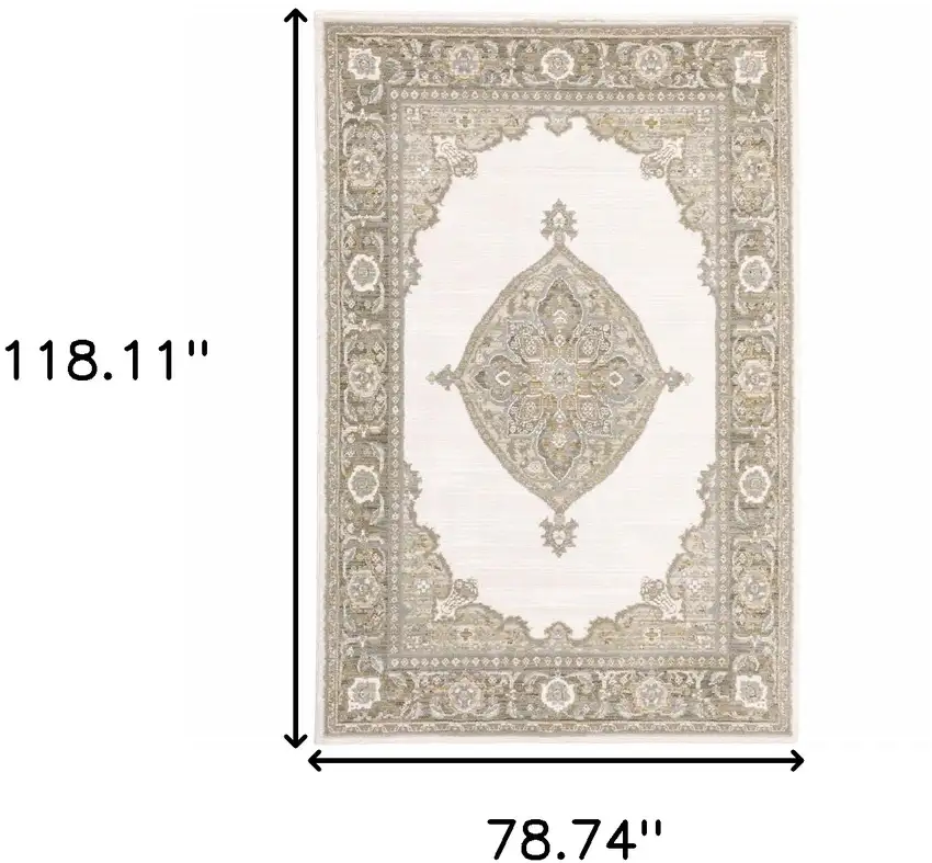 Beige Ivory Tan Gold Grey And Green Oriental Power Loom Stain Resistant Area Rug Photo 6