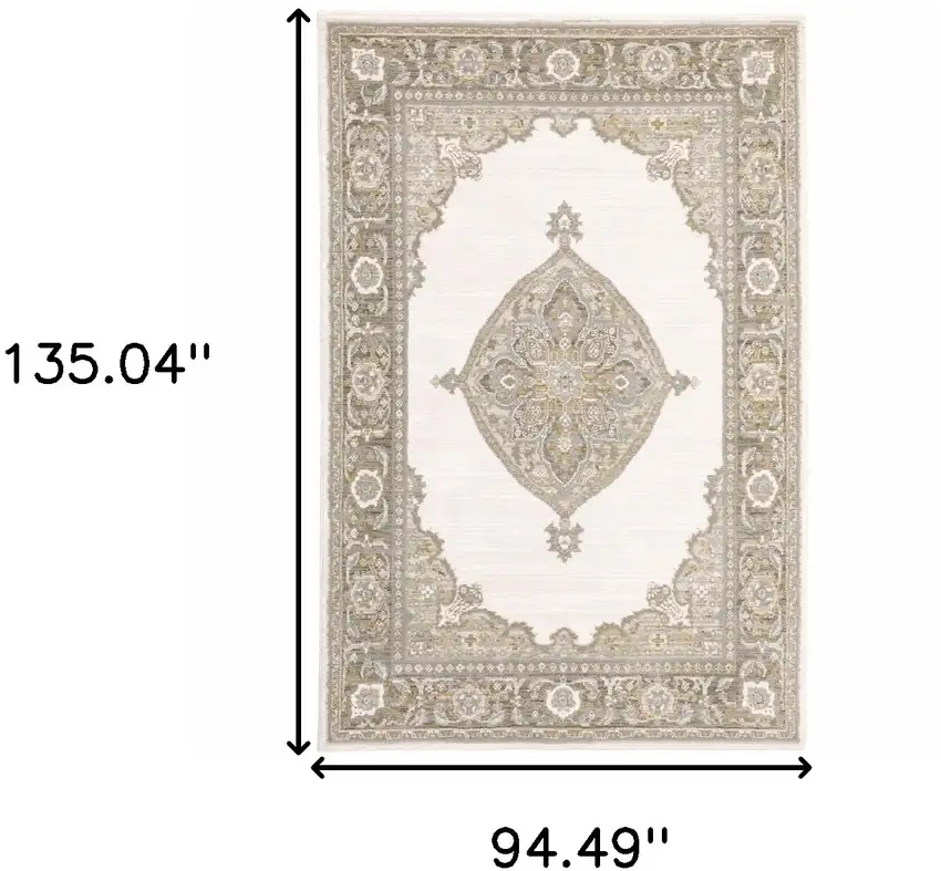 Beige Ivory Tan Gold Grey And Green Oriental Power Loom Stain Resistant Area Rug Photo 6