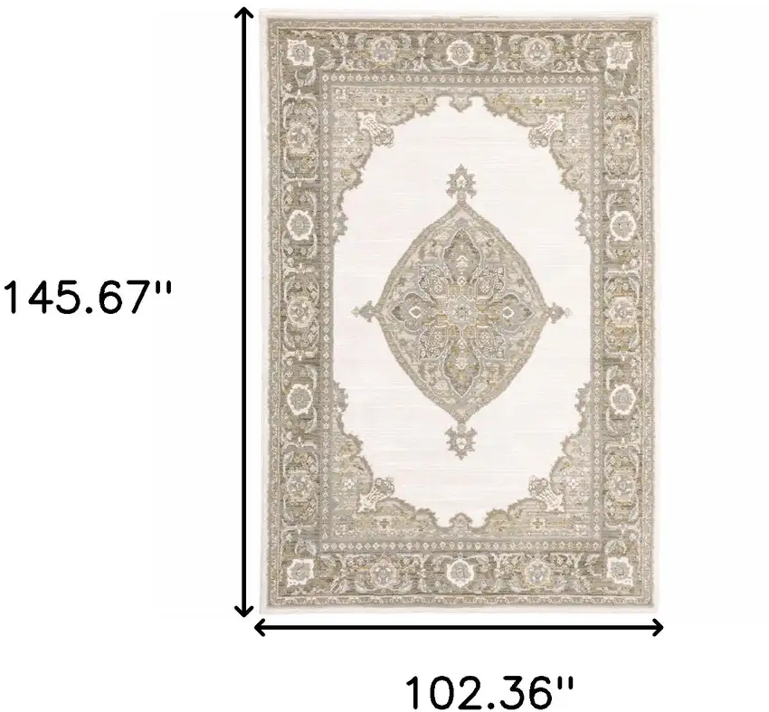 Beige Ivory Tan Gold Grey And Green Oriental Power Loom Stain Resistant Area Rug Photo 6