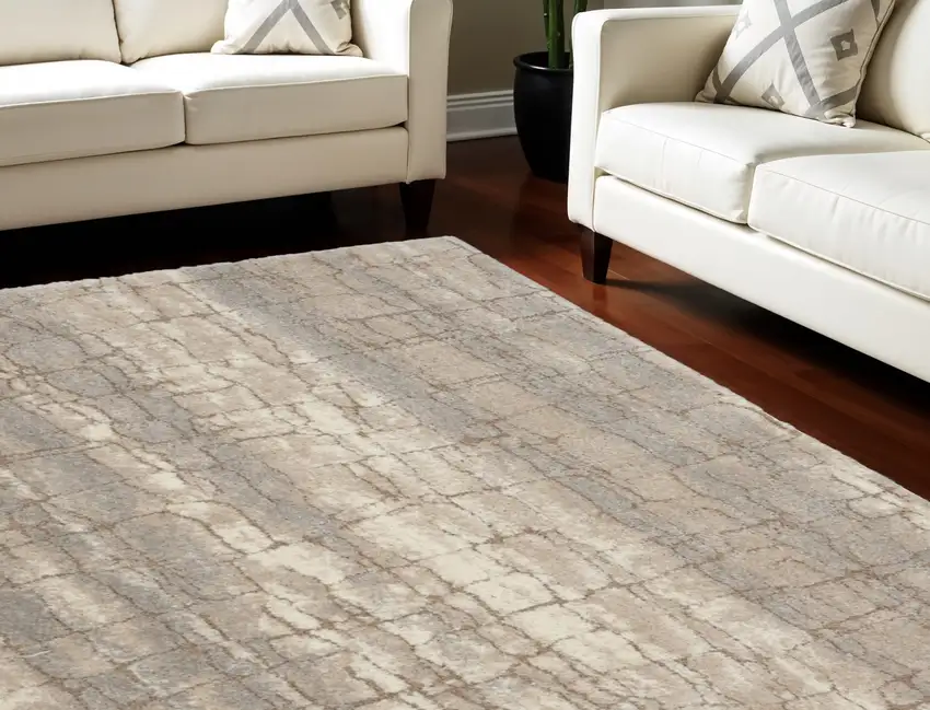 Beige Ivory and Gray Abstract Shag Area Rug Photo 1