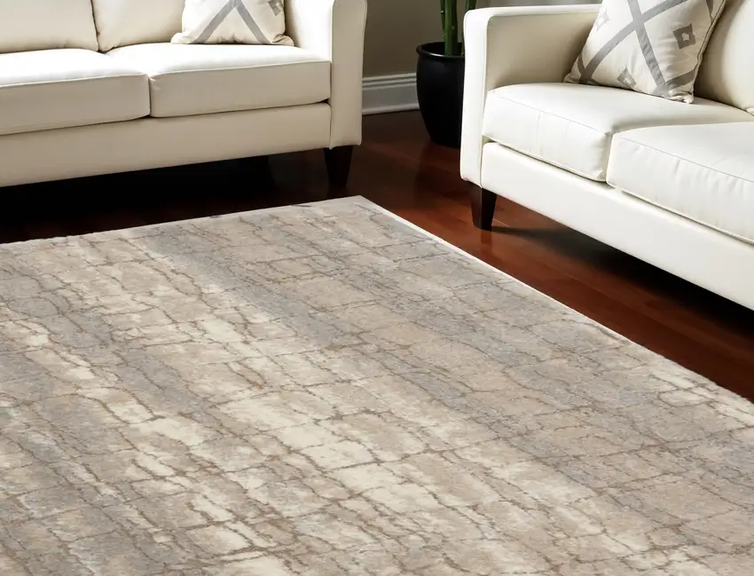 Beige Ivory and Gray Abstract Shag Area Rug Photo 1