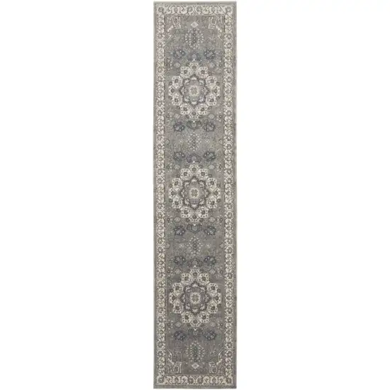 10' Beige Ivory And Gray Medallion Runner Rug Photo 4