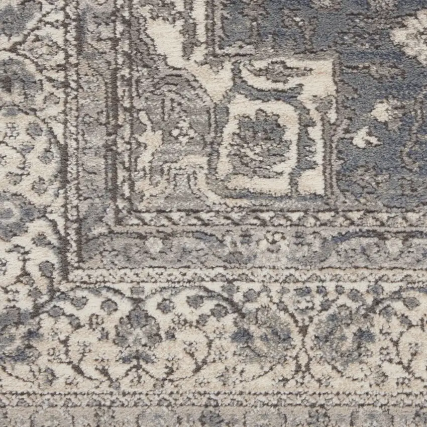 Beige Ivory and Gray Medallion Power Loom Runner Rug Photo 4