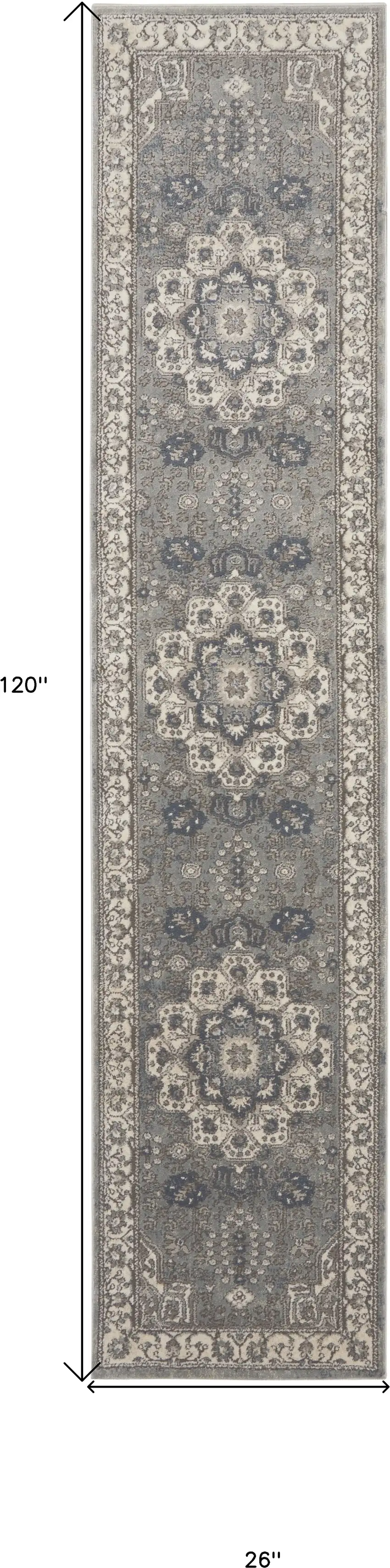 Beige Ivory and Gray Medallion Power Loom Runner Rug Photo 3