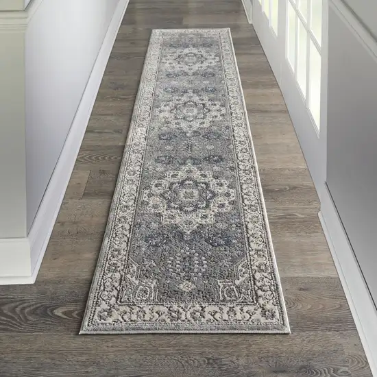 10' Beige Ivory And Gray Medallion Runner Rug Photo 5