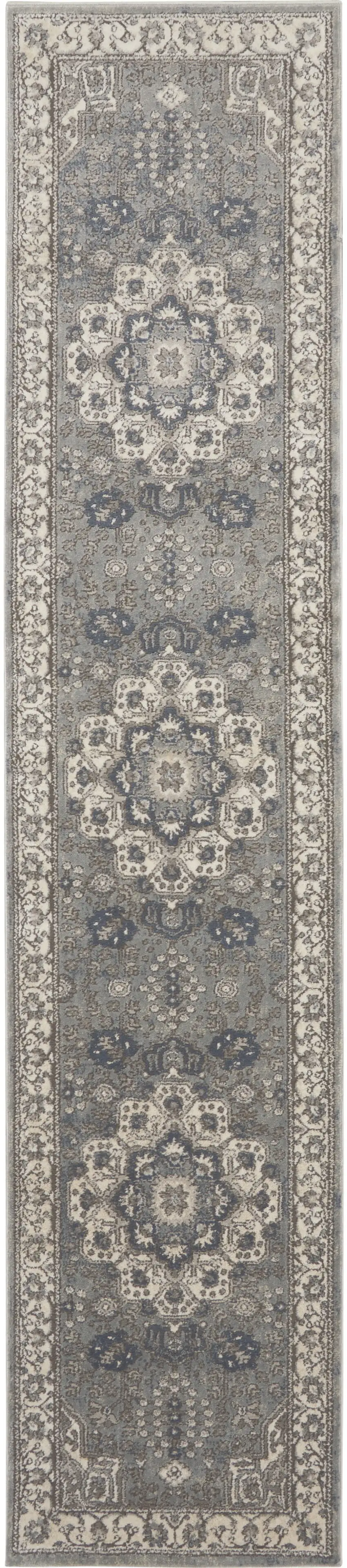 Beige Ivory and Gray Medallion Power Loom Runner Rug Photo 2