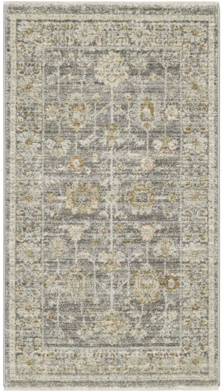 Beige Ivory and Gray Oriental Power Loom Distressed Area Rug With Fringe Photo 8