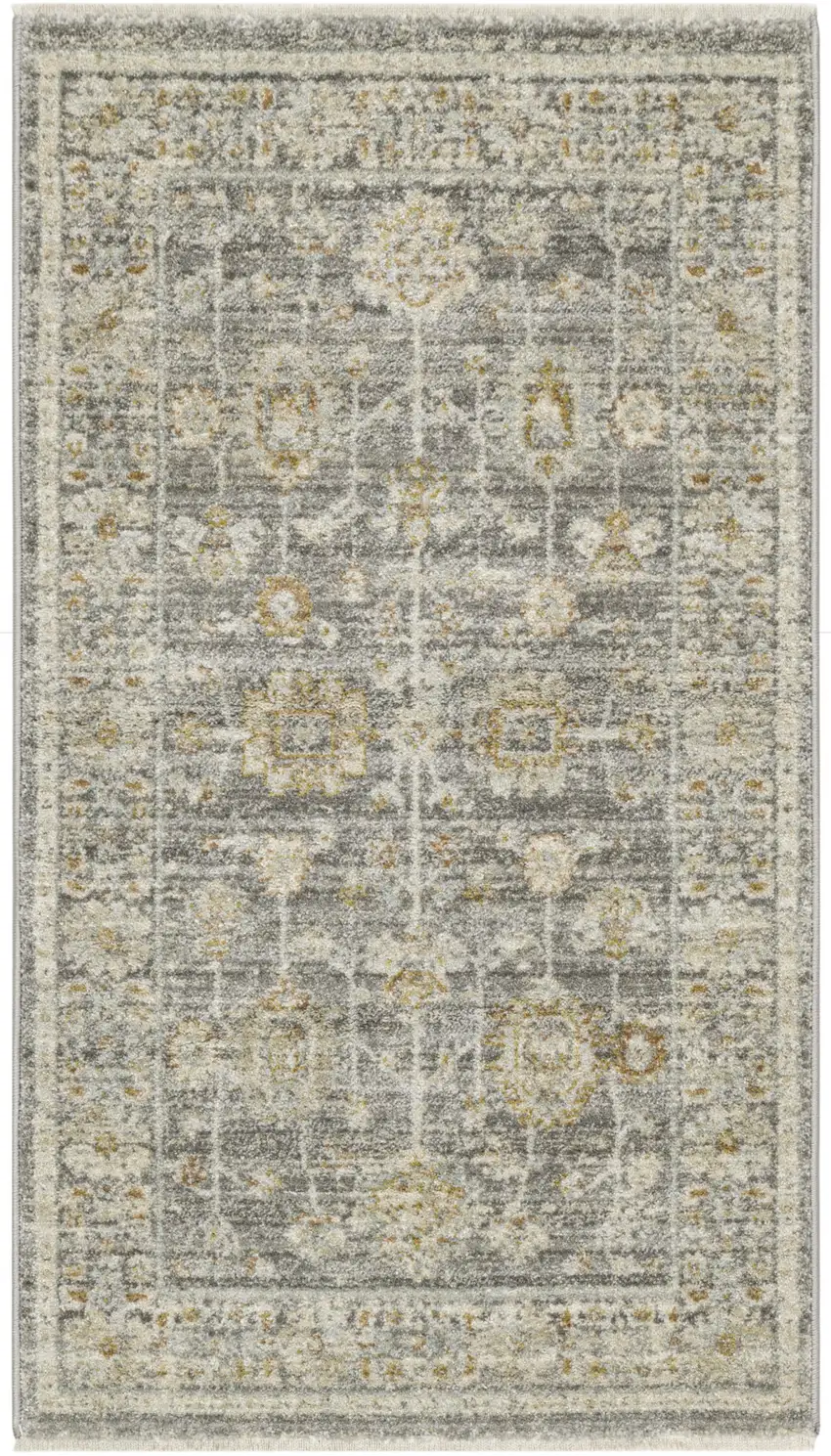 Beige Ivory and Gray Oriental Power Loom Distressed Area Rug With Fringe Photo 1