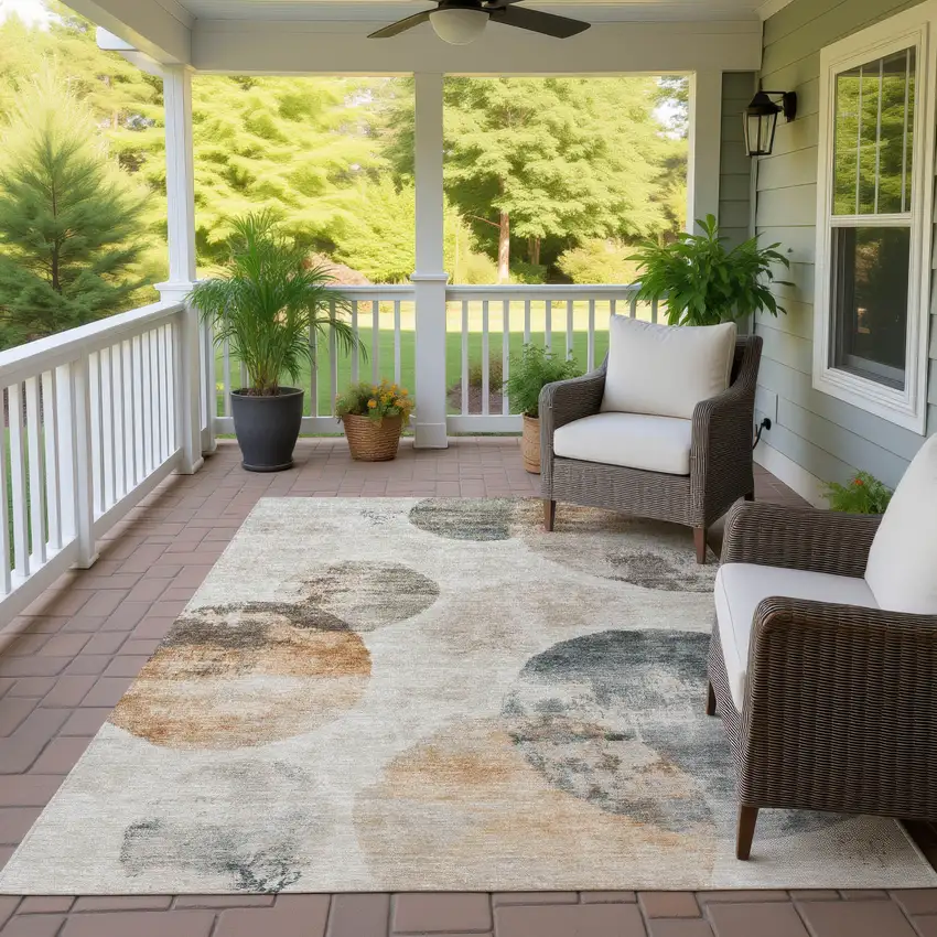 Beige Khaki And Ivory Abstract Washable Indoor Outdoor Area Rug Photo 9