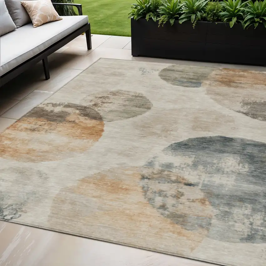 Beige Khaki And Ivory Abstract Washable Indoor Outdoor Area Rug Photo 1