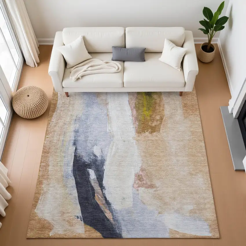 Beige Lavender And Ivory Abstract Washable Area Rug With UV Protection Photo 5