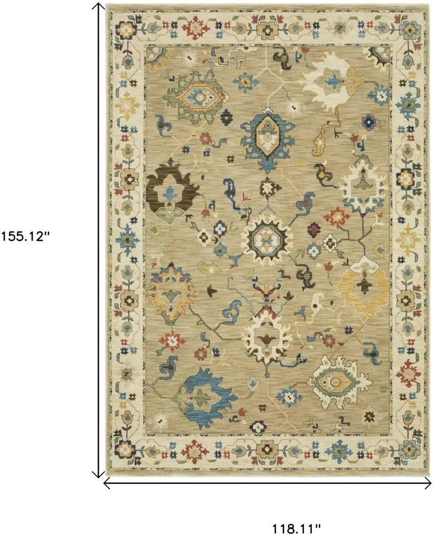 Beige Light Blue And Tan Oriental Area Rug With Fringe Photo 3