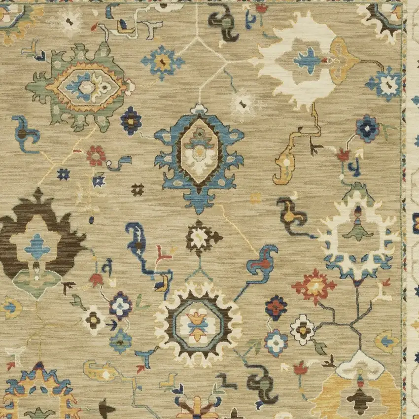 Beige Light Blue And Tan Oriental Area Rug With Fringe Photo 8