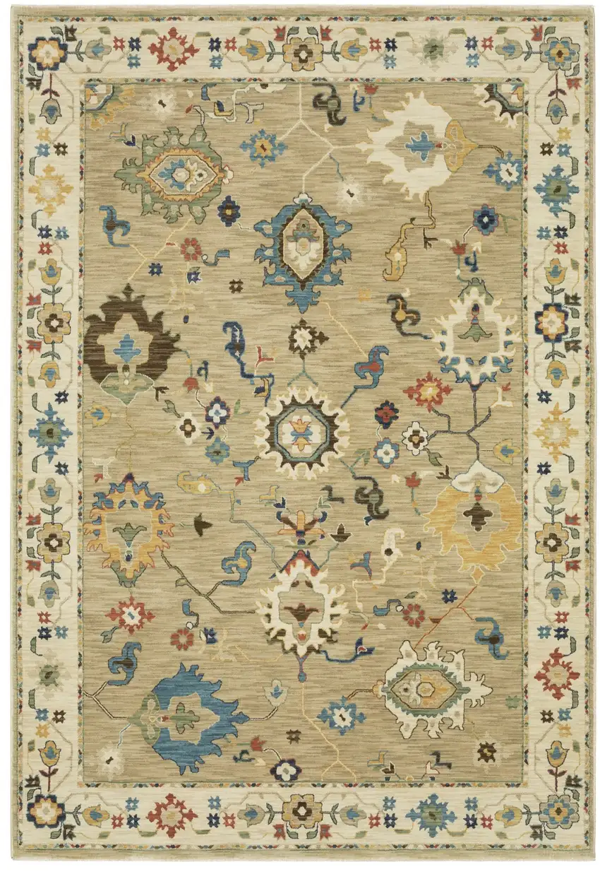 Beige Light Blue And Tan Oriental Area Rug With Fringe Photo 2