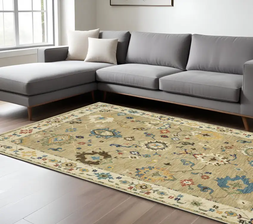 Beige Light Blue And Tan Oriental Area Rug With Fringe Photo 1