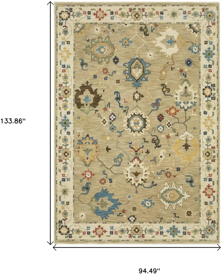 Beige Light Blue And Tan Oriental Area Rug With Fringe Photo 3