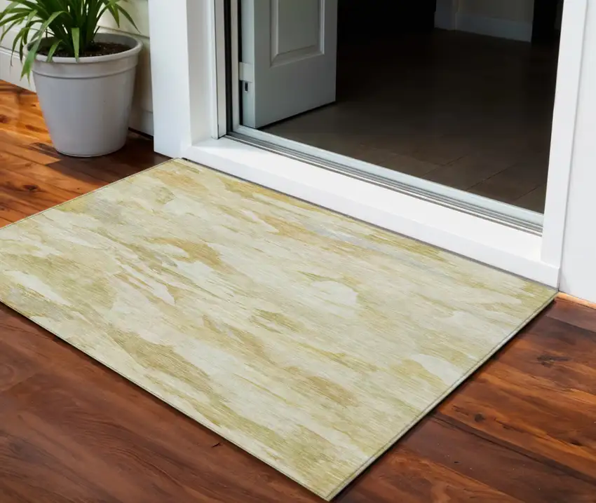 Beige Light Green And Brown Abstract Washable Indoor Outdoor Area Rug Photo 1