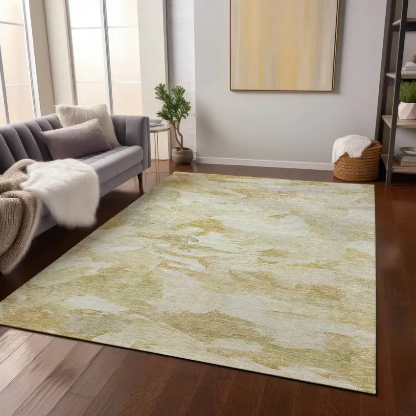 Beige Light Green And Brown Abstract Washable Indoor Outdoor Area Rug Photo 9