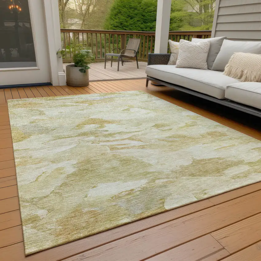 Beige Light Green And Brown Abstract Washable Indoor Outdoor Area Rug Photo 9