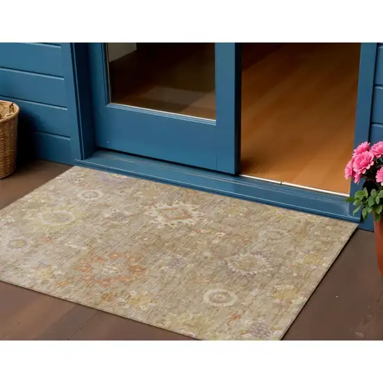 Beige Lilac And Copper Floral Medallion Washable Indoor Outdoor Area Rug Photo 2