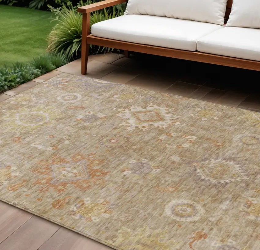 Beige Lilac And Copper Floral Medallion Washable Indoor Outdoor Area Rug Photo 2