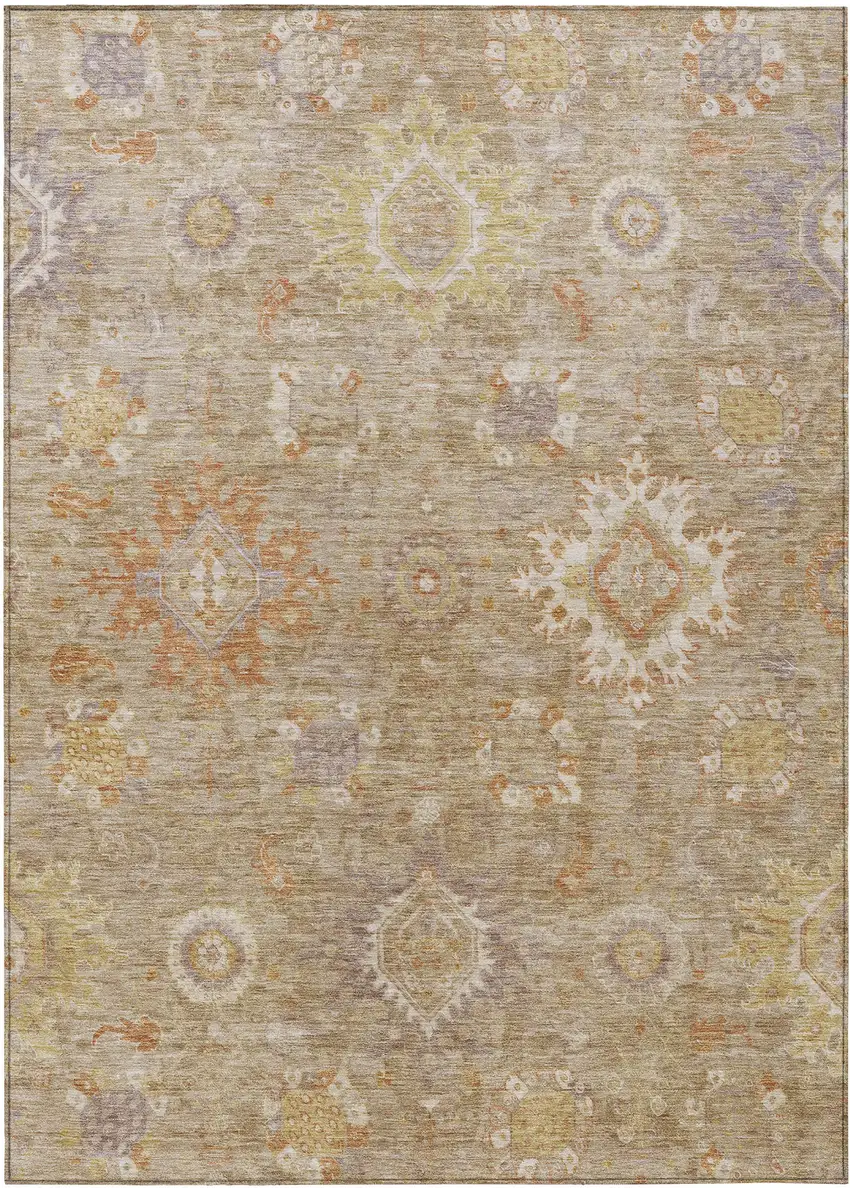 Beige Lilac And Copper Floral Medallion Washable Indoor Outdoor Area Rug Photo 1