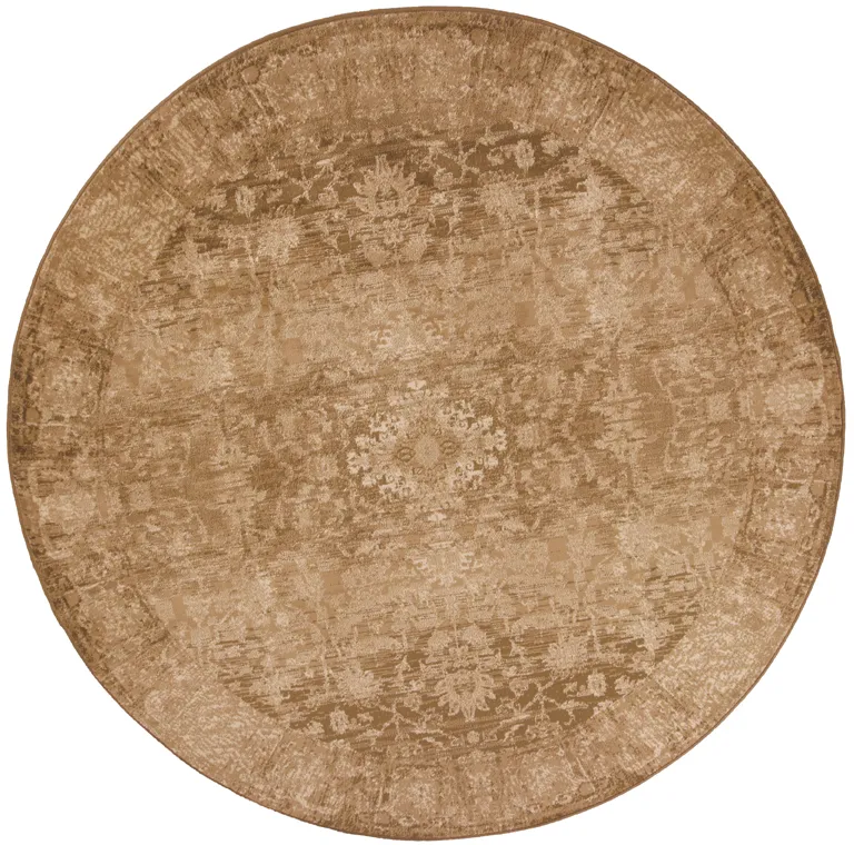 Beige Machine Woven Distressed Floral Traditional Round Indoor Area Rug Photo 1