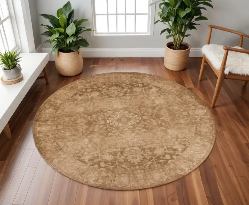 8' Beige And Tan Floral Medallion Distressed Round Rug Photo 1