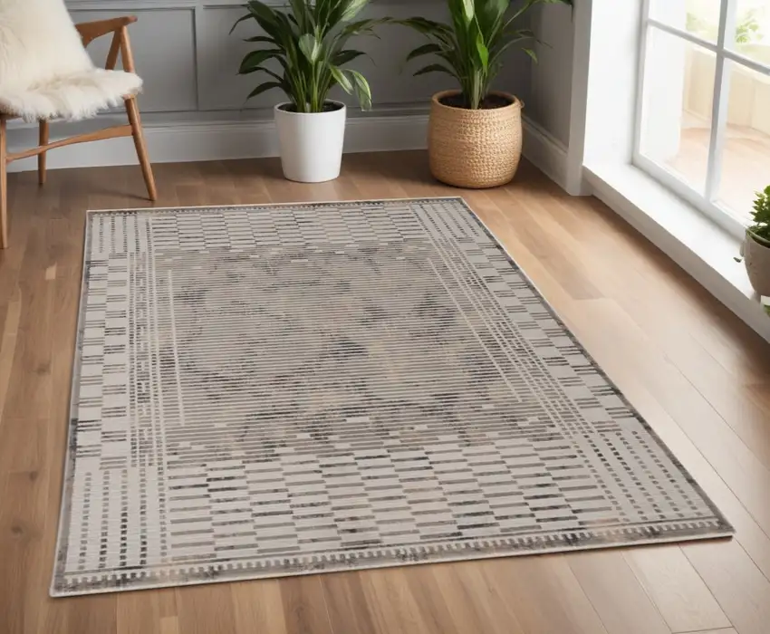 Beige Machine Woven Shrank Abstract Lines Design Indoor Area Rug Photo 1