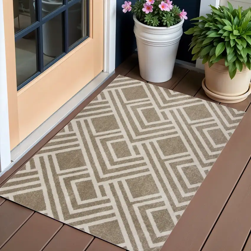 Beige Geometric Indoor Outdoor Area Rug Photo 1