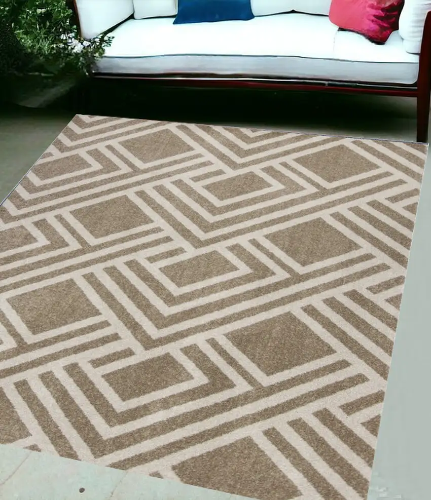 5'X8' Beige Machine Woven Uv Treated Geometric Indoor Outdoor Area Rug Photo 1