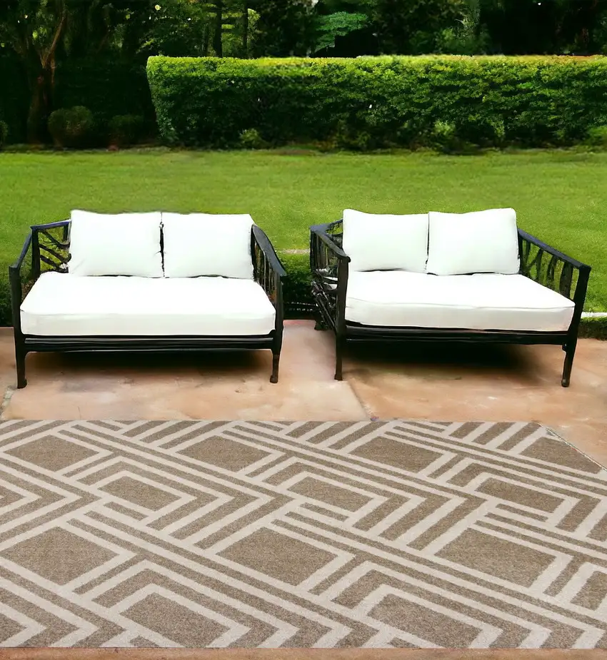 7'X10' Beige Machine Woven Uv Treated Geometric Indoor Outdoor Area Rug Photo 2