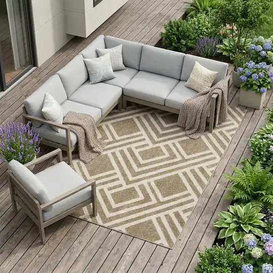 Beige and Ivory Geometric Indoor Outdoor Area Rug Photo 1